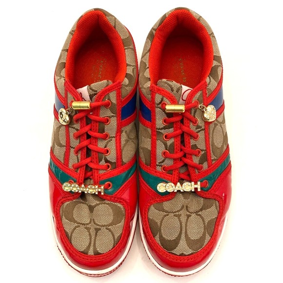 Coach Shoes - VTG Coach Women's Sneakers Oriana Size 9.5 Rhinestones Charms Logo Red Khaki Y2K
